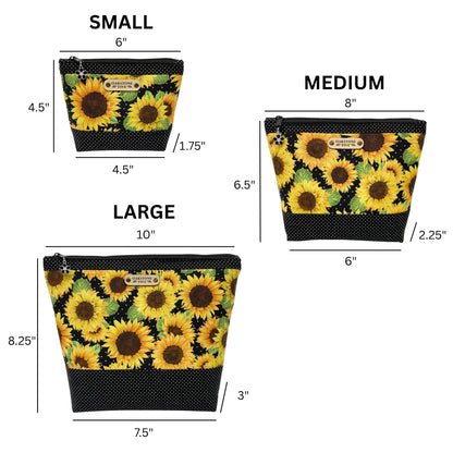 Three zipper pouches with sunflower pattern and measurements for small, medium, and large sizes.