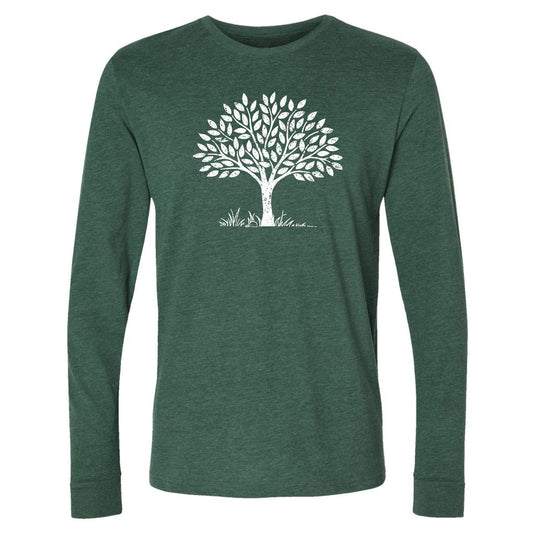 A fun, green, long-sleeve nature t-shirt with a tree graphic on the front.