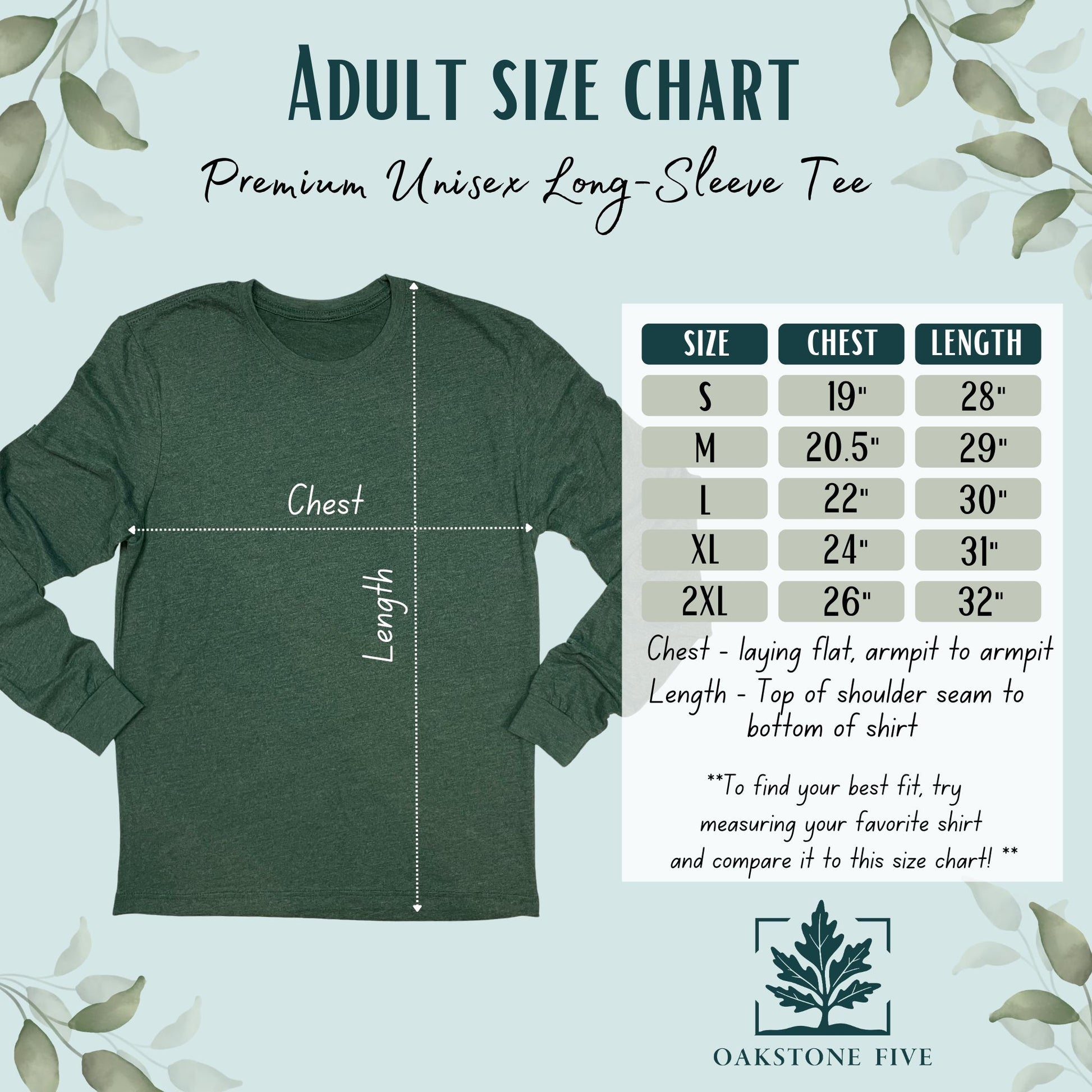 Size chart for long sleeve t-shirt