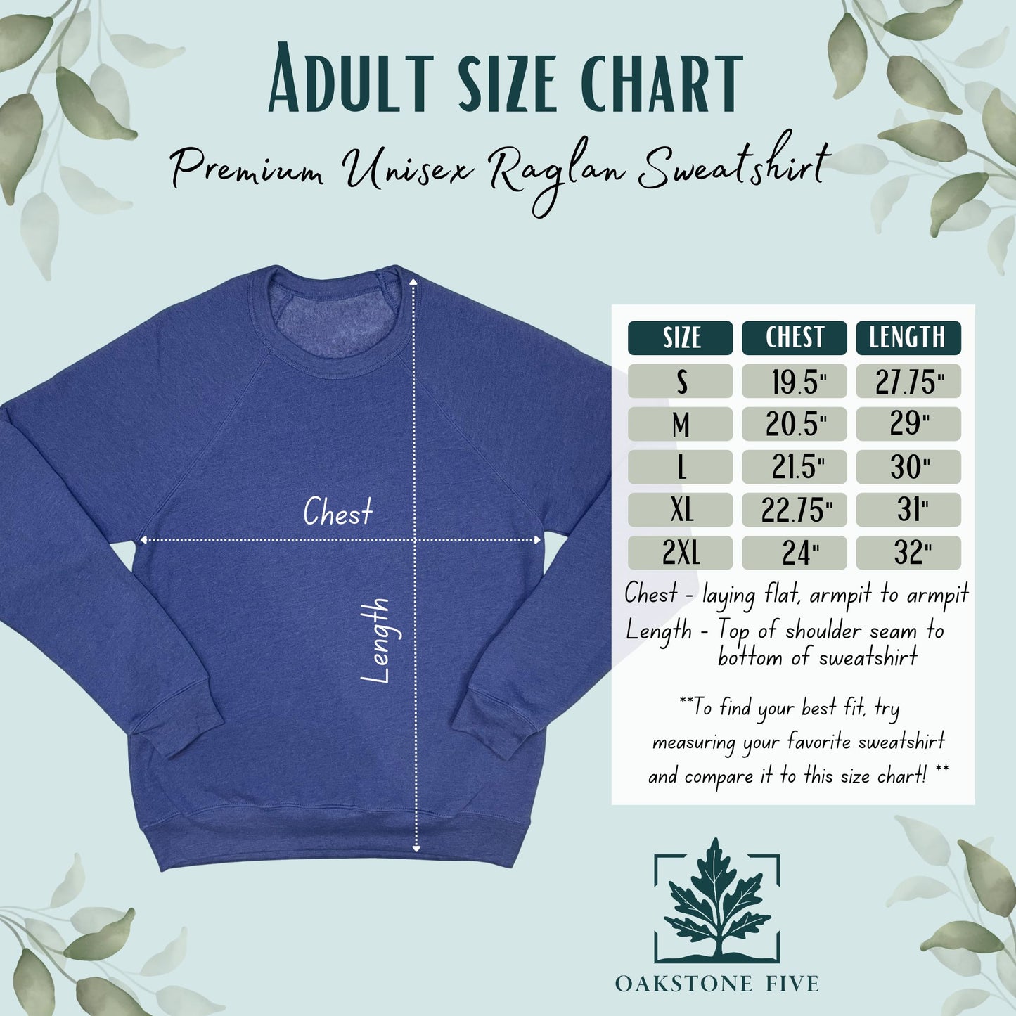 Adult size chart for raglan sweatshirt
