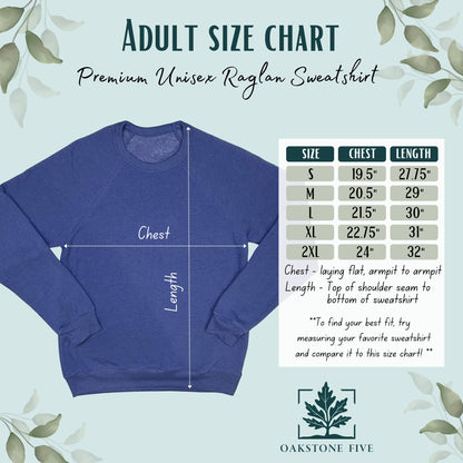 Adult size chart for raglan sweatshirt