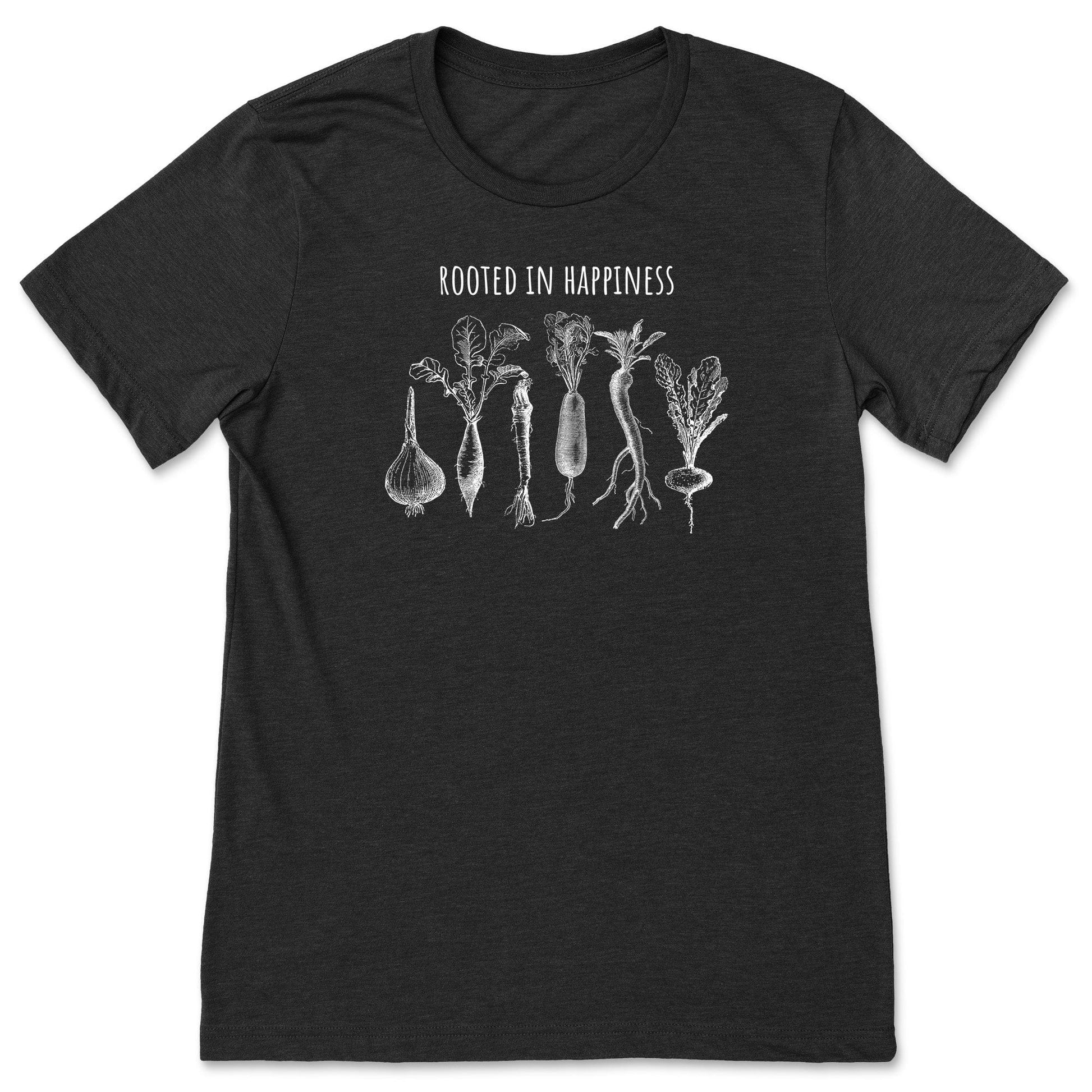 A black positivity shirt for gardeners and plant lovers that has vegetables on it and says, "Rooted in Happiness". 