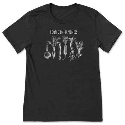 A black positivity shirt for gardeners and plant lovers that has vegetables on it and says, "Rooted in Happiness". 