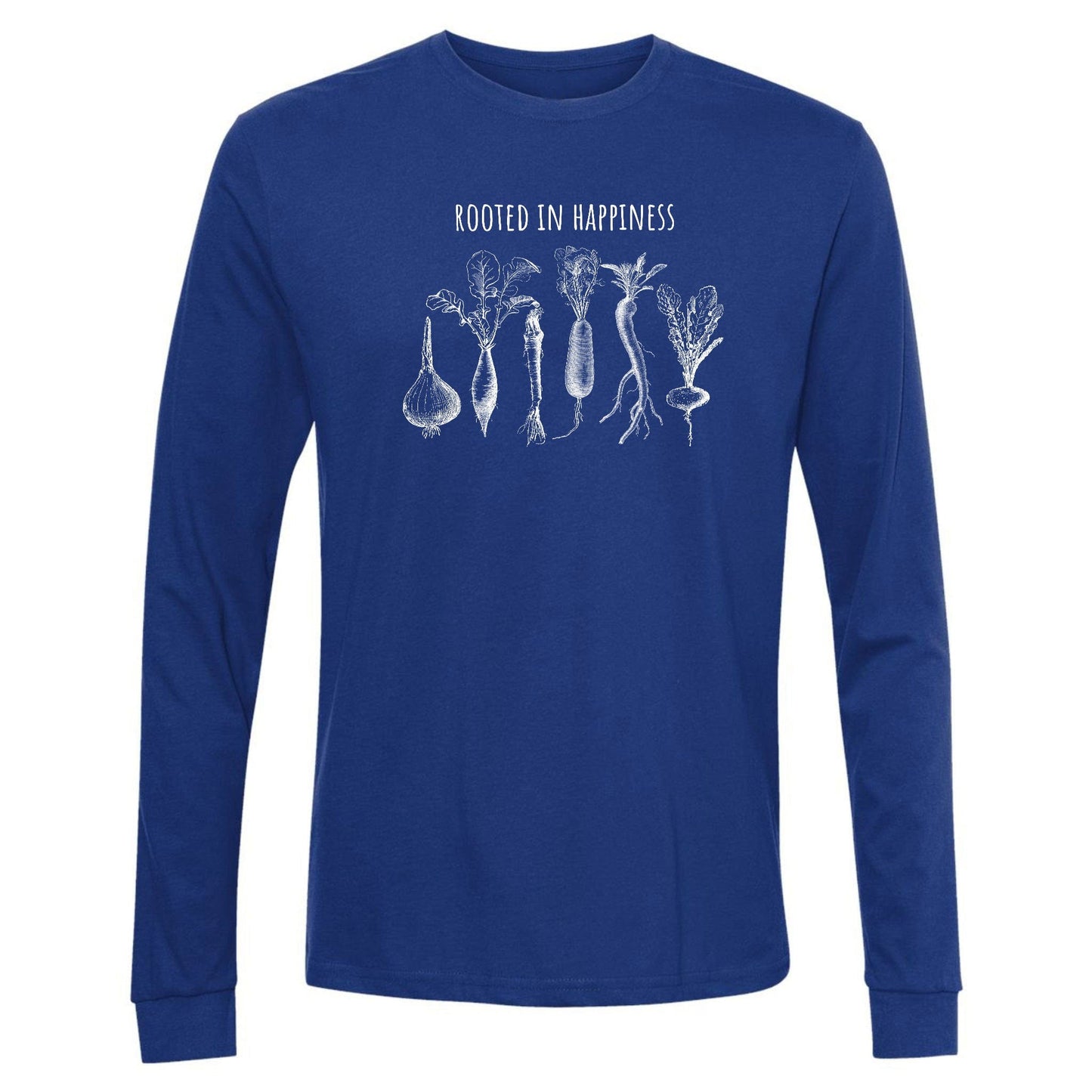 A royal, upbeat, happy long-sleeve t-shirt for gardeners that has rooted vegetables and says, "Rooted in Happiness".