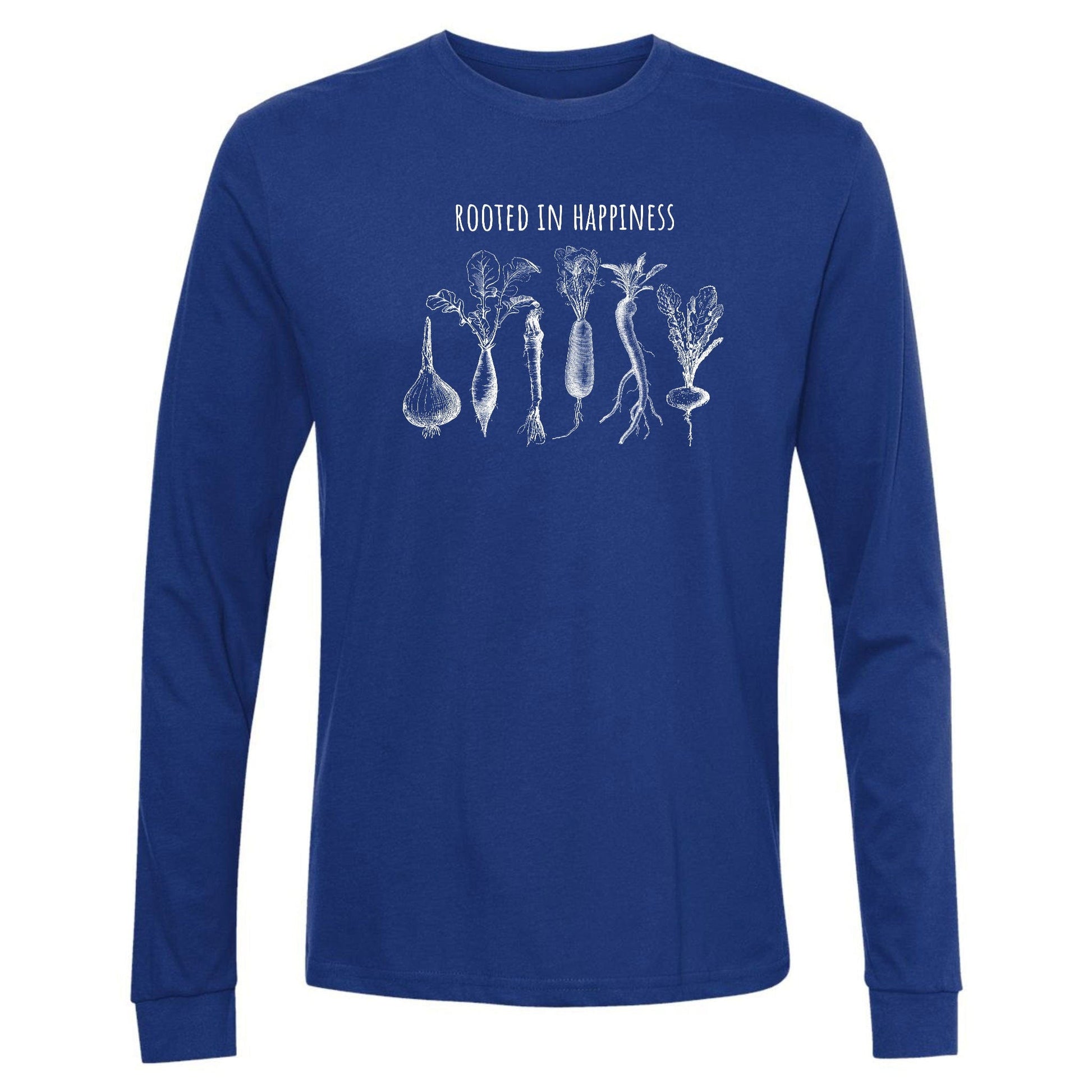 A royal, upbeat, happy long-sleeve t-shirt for gardeners that has rooted vegetables and says, "Rooted in Happiness".