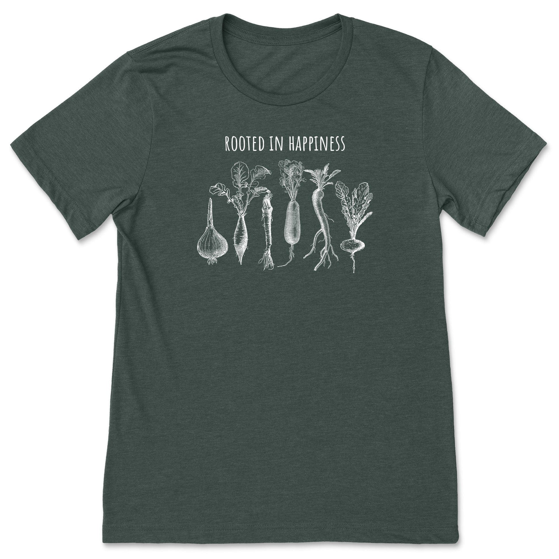A forest green positivity shirt for gardeners and plant lovers that has vegetables on it and says, "Rooted in Happiness". 