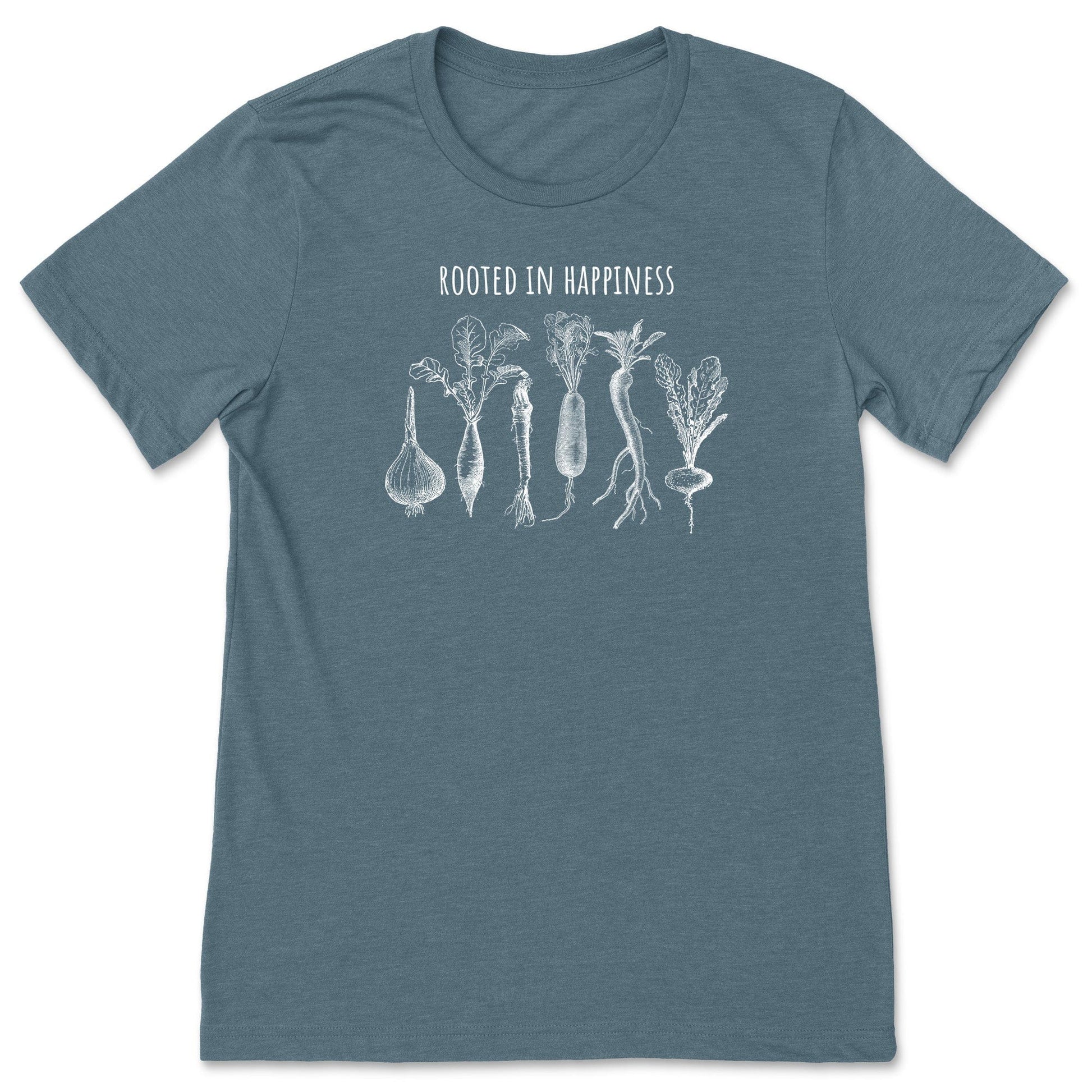 A slate blue positivity shirt for gardeners and plant lovers that has vegetables on it and says, "Rooted in Happiness". 
