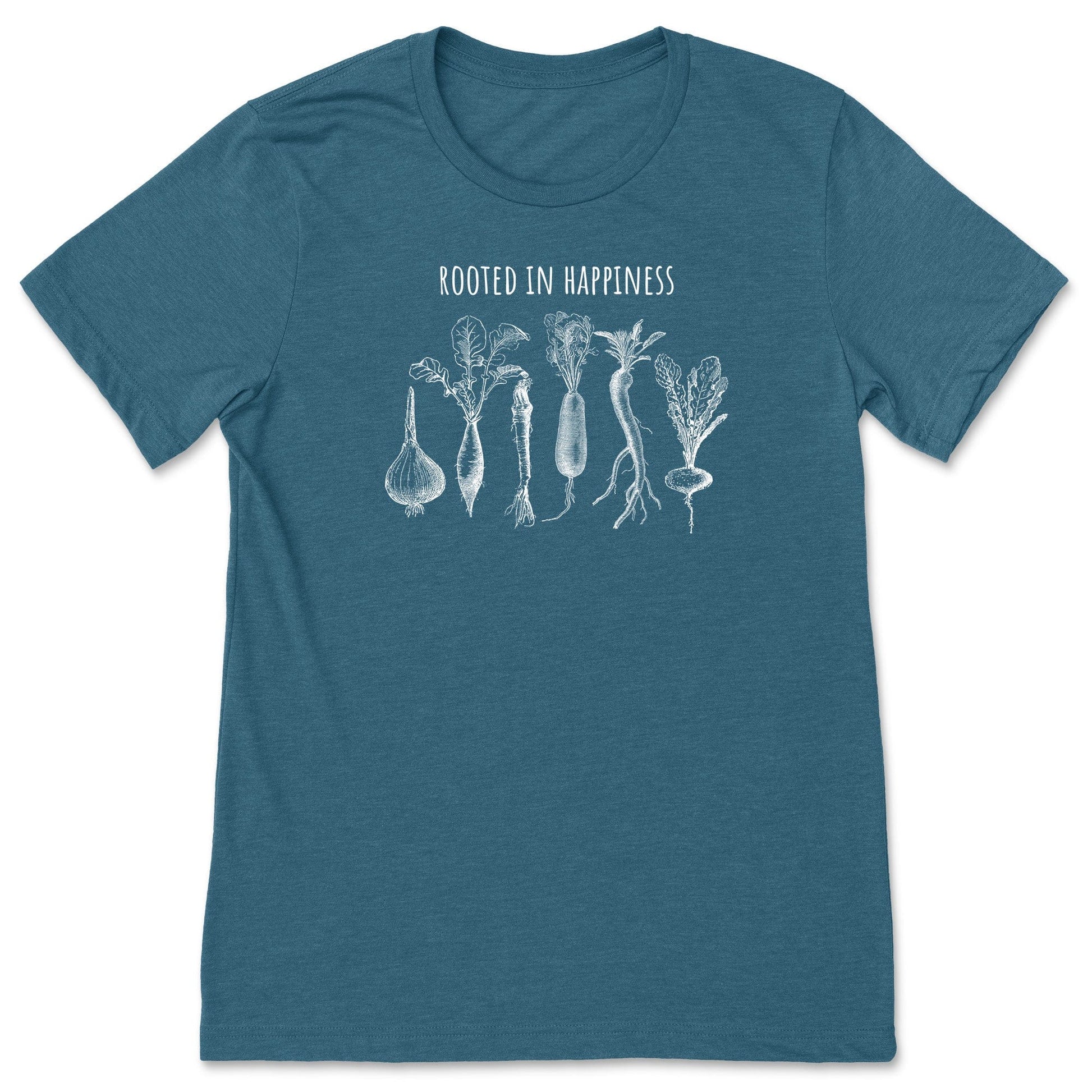 A teal positivity shirt for gardeners and plant lovers that has vegetables on it and says, "Rooted in Happiness". 