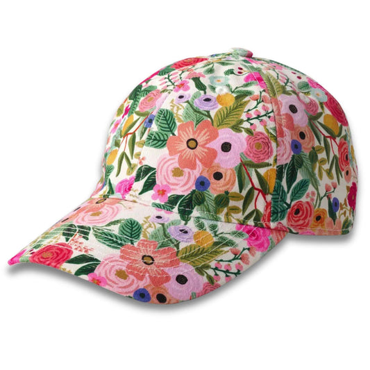 A cheerful, women's floral baseball hat that has a colorful flower pattern. 