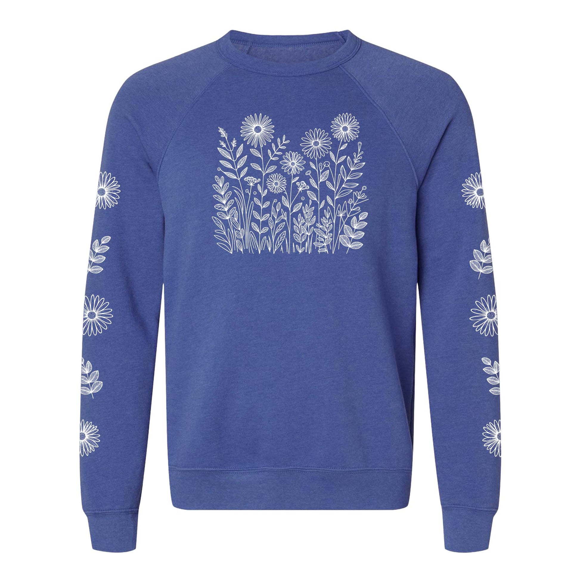 Blue sweatshirt with white floral patterns on the front and on both sleeves, on a white background