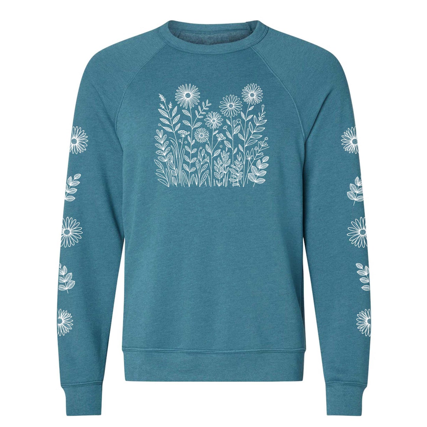 Teal sweatshirt with white floral patterns on the front and on both sleeves, on a white background