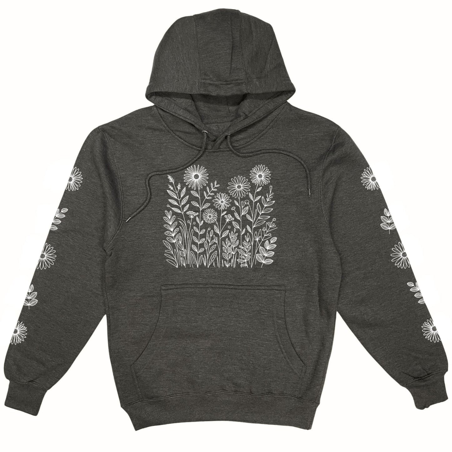 A beautiful, dark grey, nature hoodie for flower lovers that has white wildflowers on the front and down each sleeve.