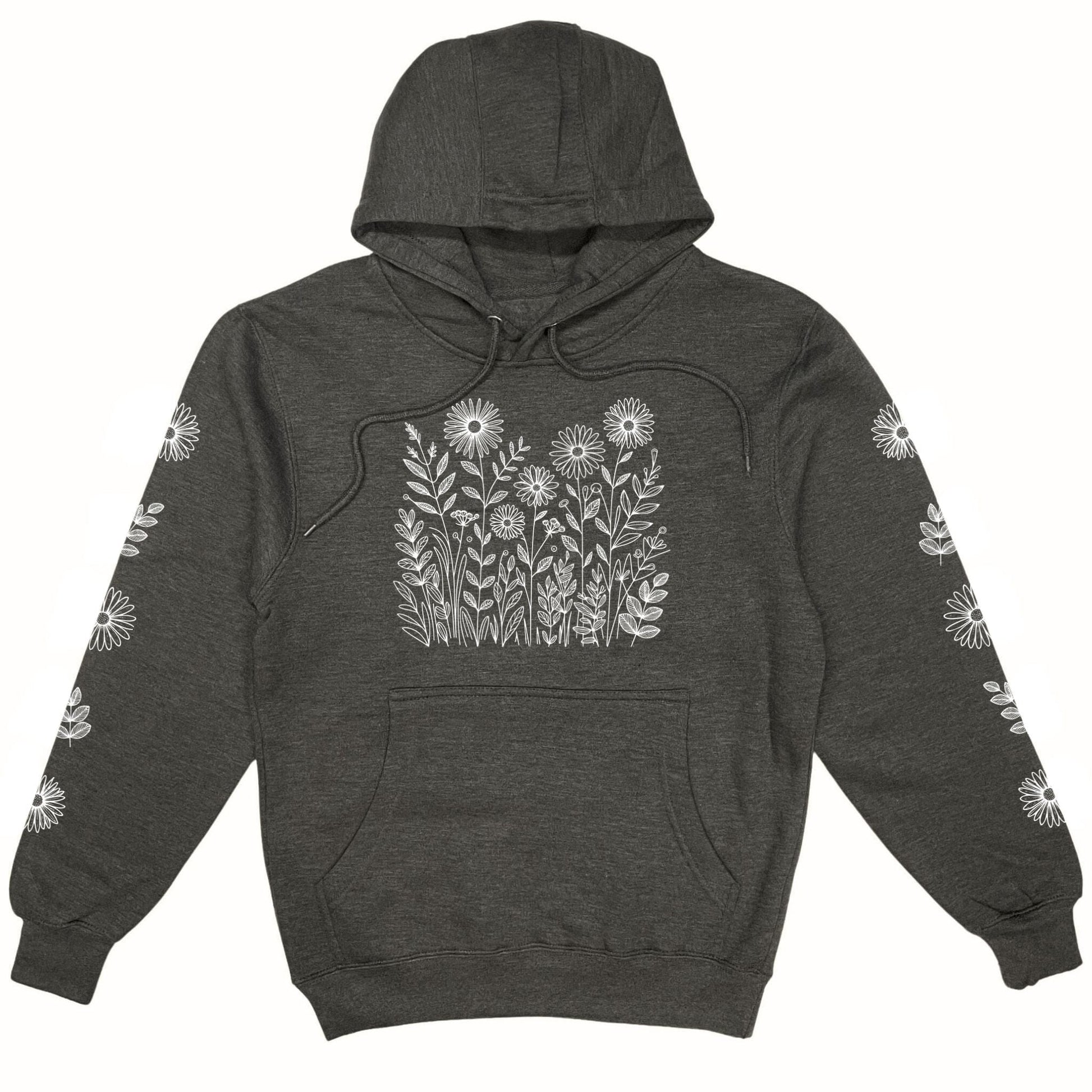 A beautiful, dark grey, nature hoodie for flower lovers that has white wildflowers on the front and down each sleeve.