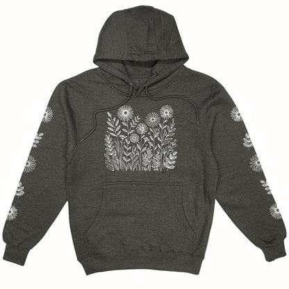 A beautiful, dark grey, nature hoodie for flower lovers that has white wildflowers on the front and down each sleeve.