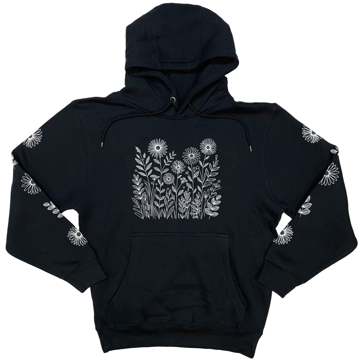 A beautiful, navy nature hoodie for flower lovers that has white wildflowers on the front and down each sleeve.
