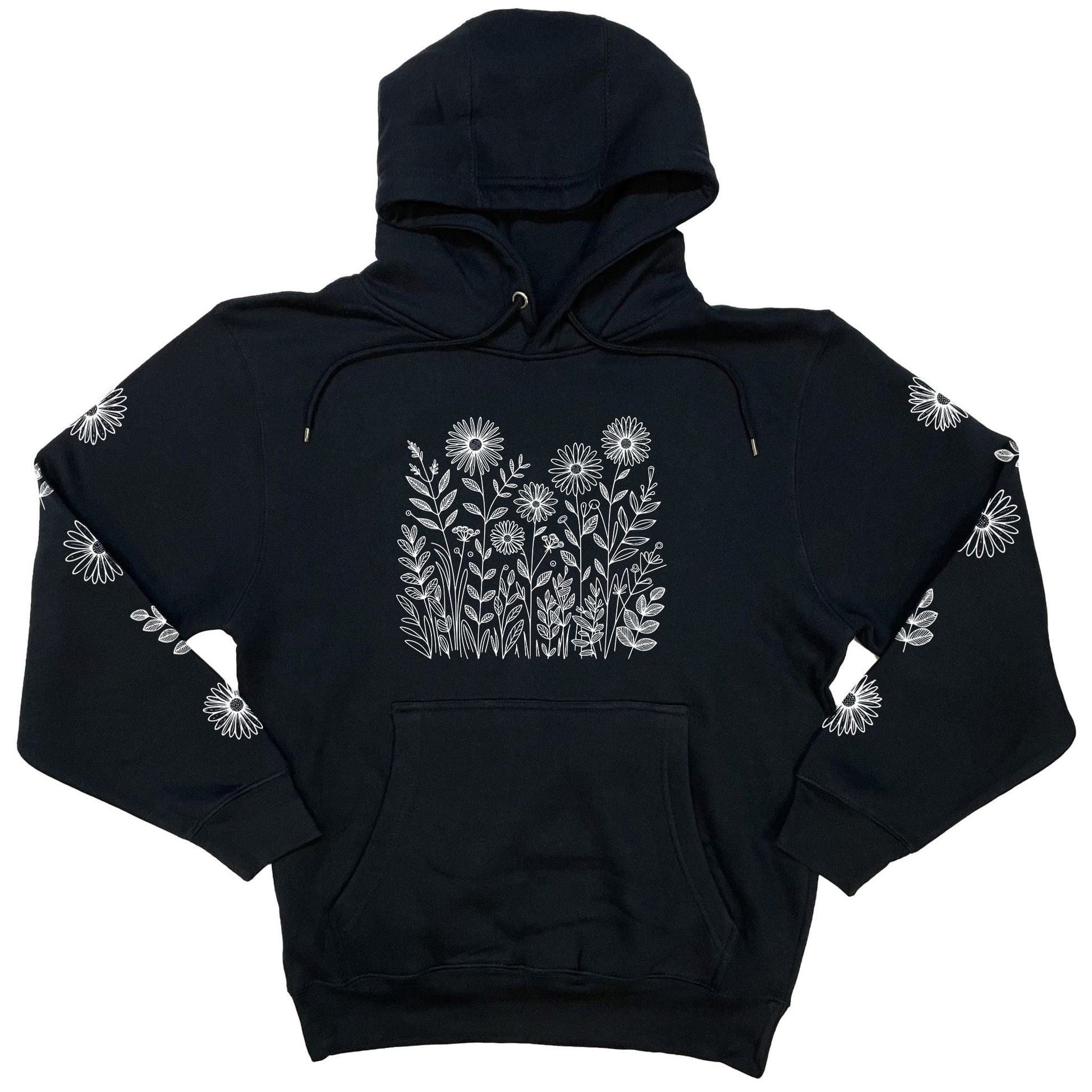 A beautiful, navy nature hoodie for flower lovers that has white wildflowers on the front and down each sleeve.