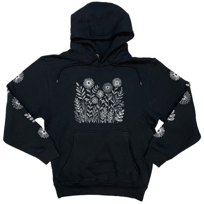 A beautiful, navy nature hoodie for flower lovers that has white wildflowers on the front and down each sleeve.