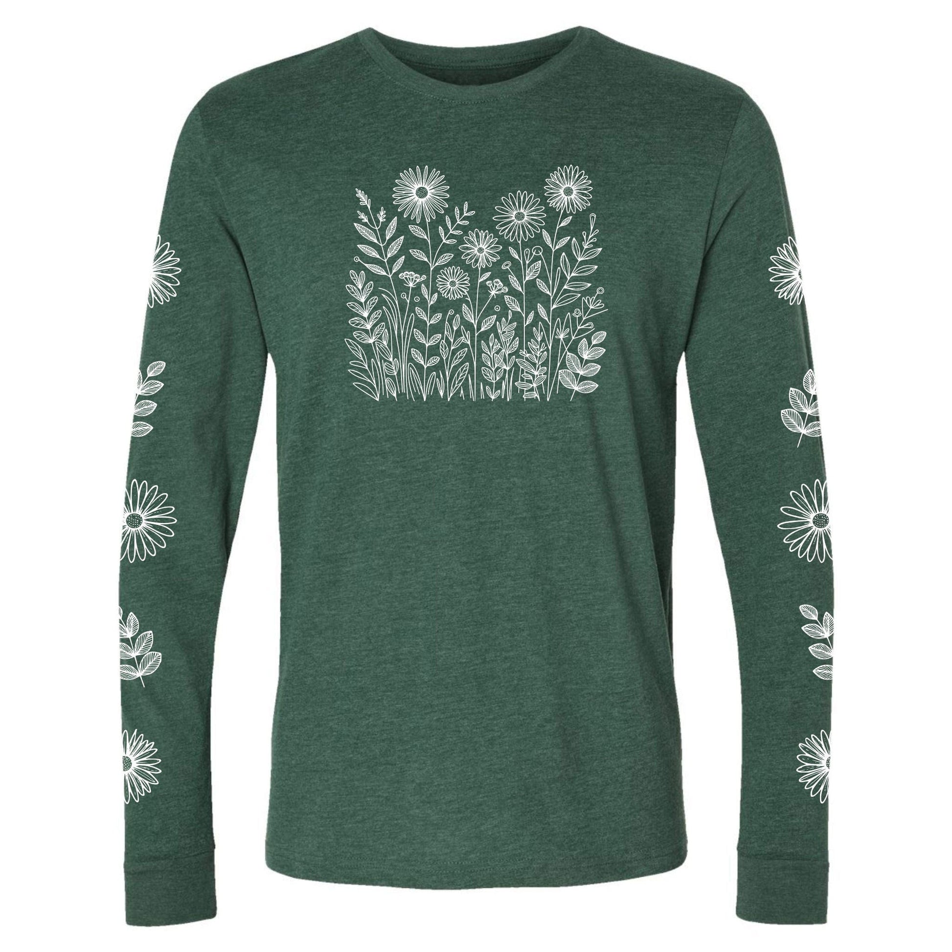 A beautiful, forest green, long-sleeve white wildflower shirt for gardeners and plant lovers.  It has a white flower design on the front and down both sleeves! 