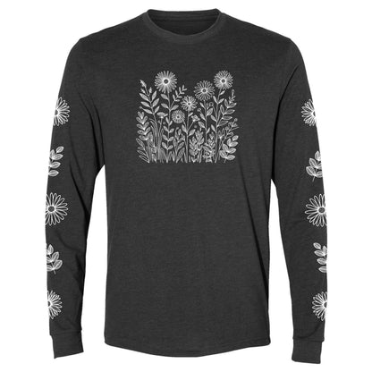 A beautiful, dark grey, long-sleeve white wildflower shirt for gardeners and plant lovers.  It has a white flower design on the front and down both sleeves! 