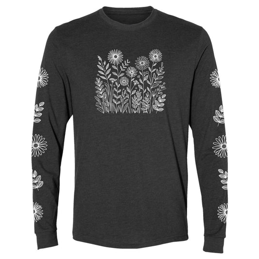 A beautiful, dark grey, long-sleeve white wildflower shirt for gardeners and plant lovers.  It has a white flower design on the front and down both sleeves! 