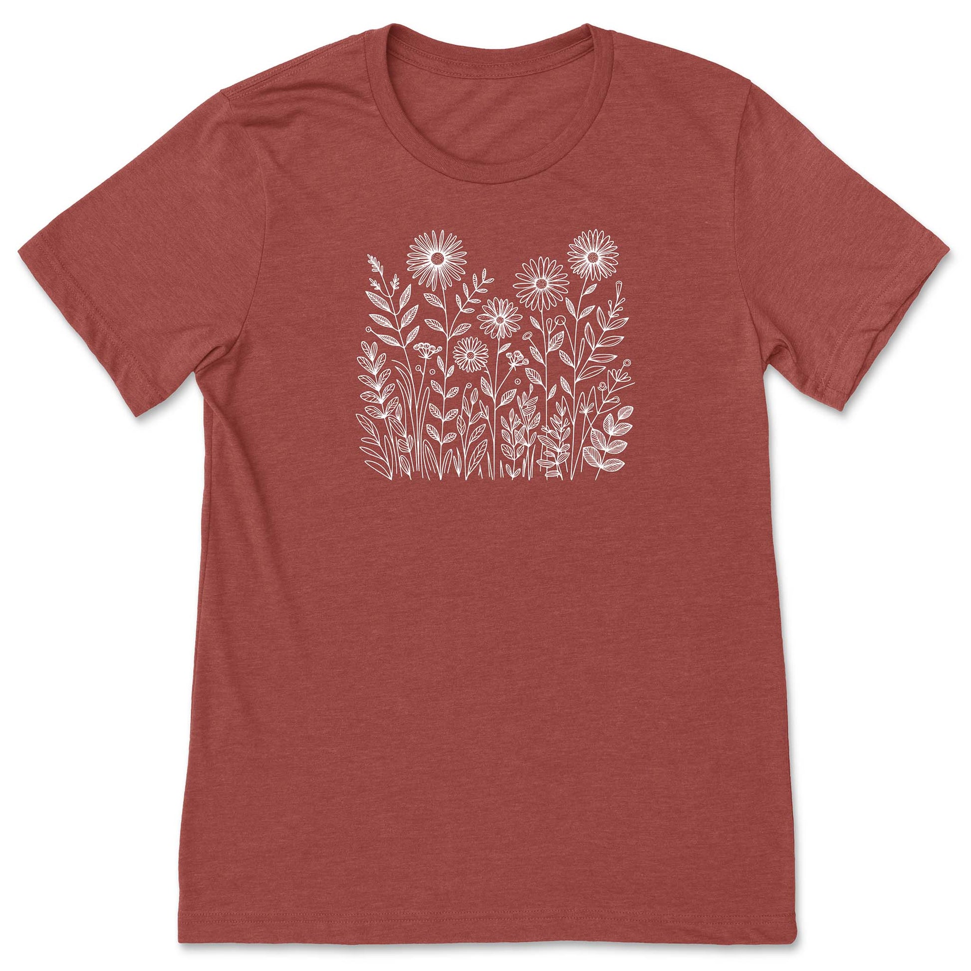 Clay Red t-shirt with white floral design on a white background