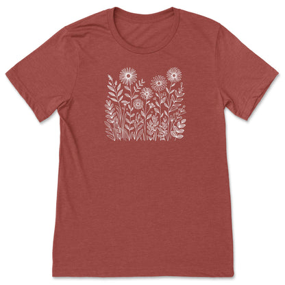 Clay Red t-shirt with white floral design on a white background