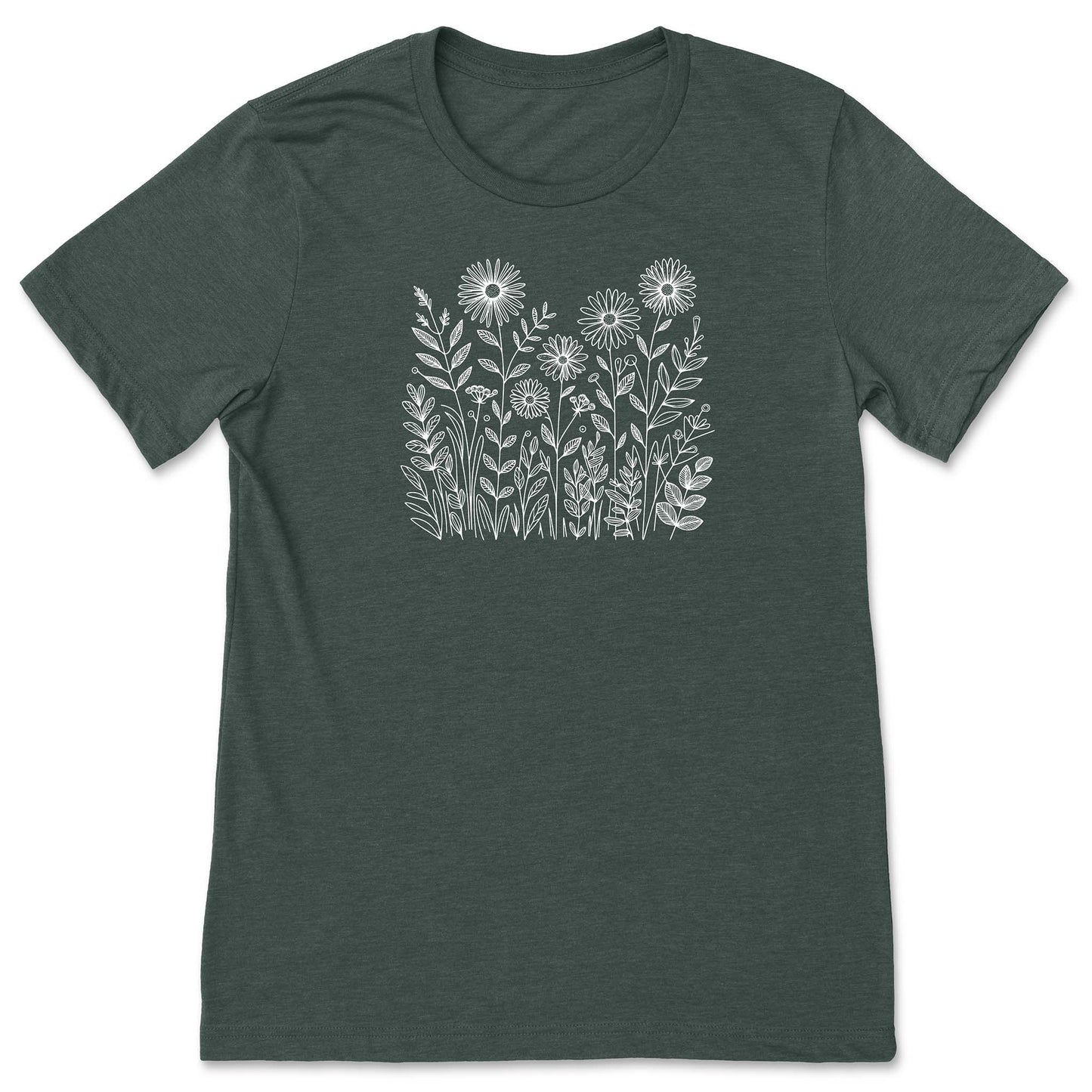 Dark green t-shirt with white floral design on a white background