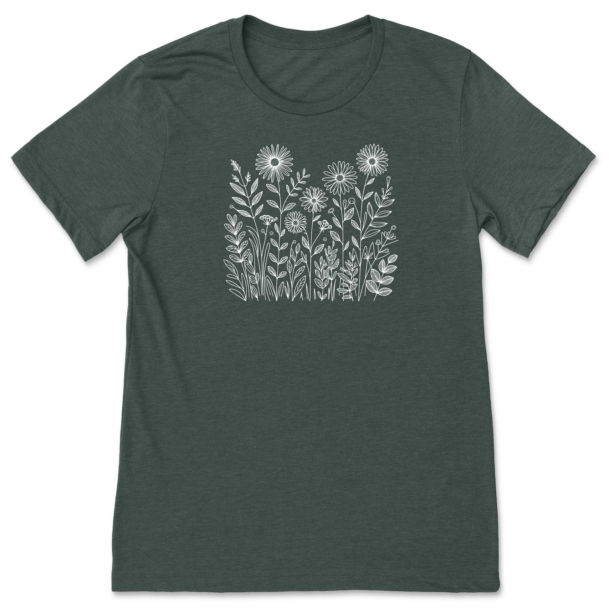 Dark green t-shirt with white floral design on a white background
