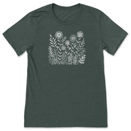 Dark green t-shirt with white floral design on a white background
