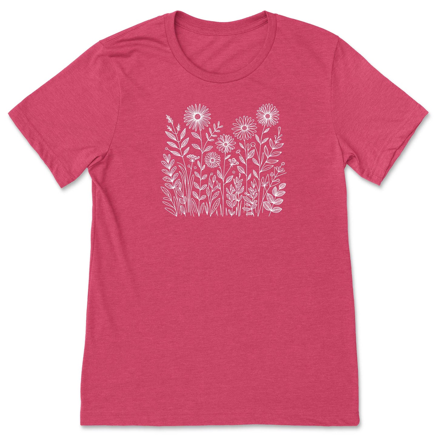 Pink t-shirt with white floral design on a white background