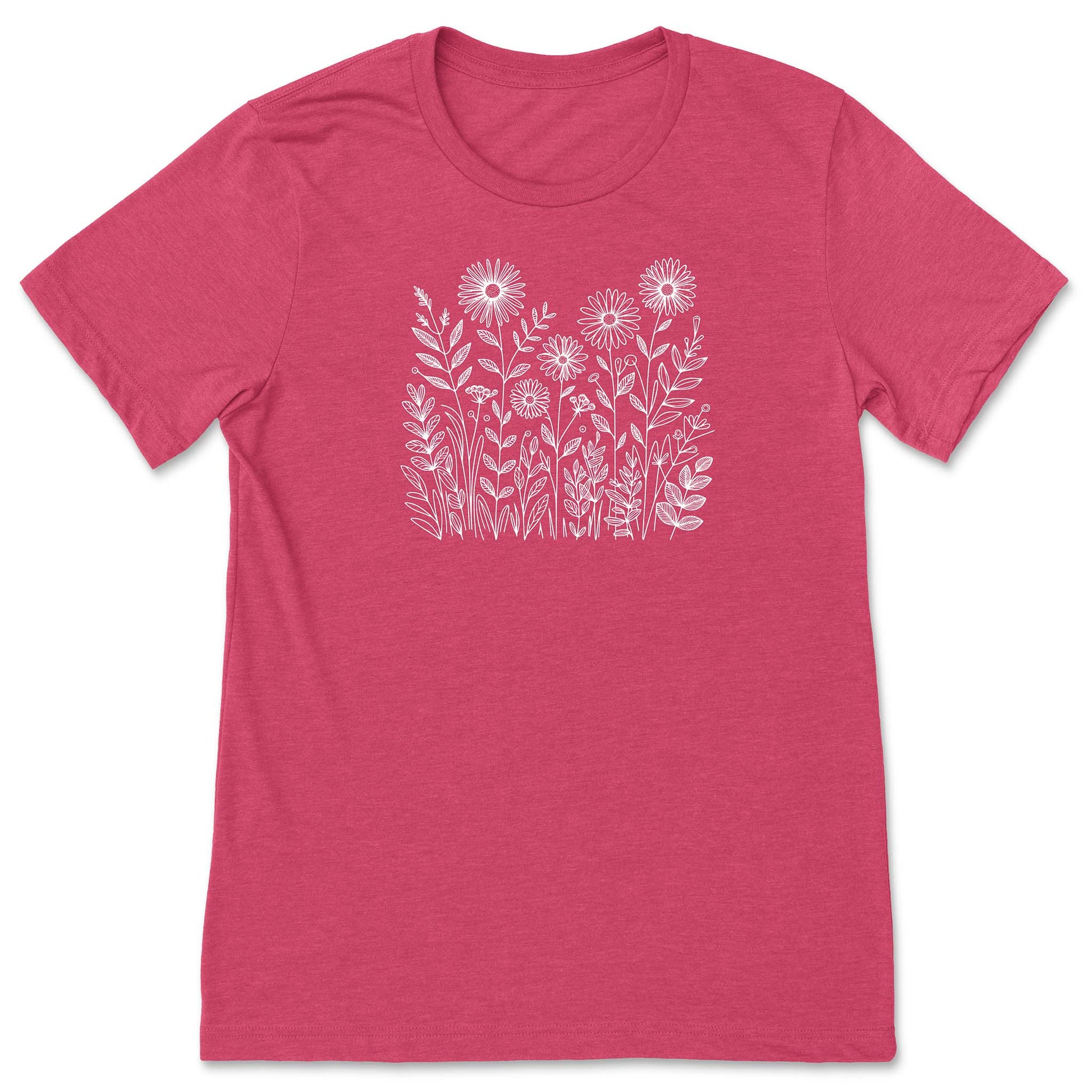 Pink t-shirt with white floral design on a white background
