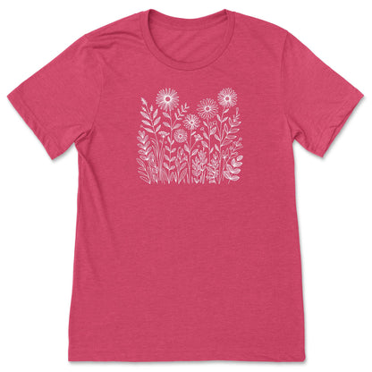 Pink t-shirt with white floral design on a white background