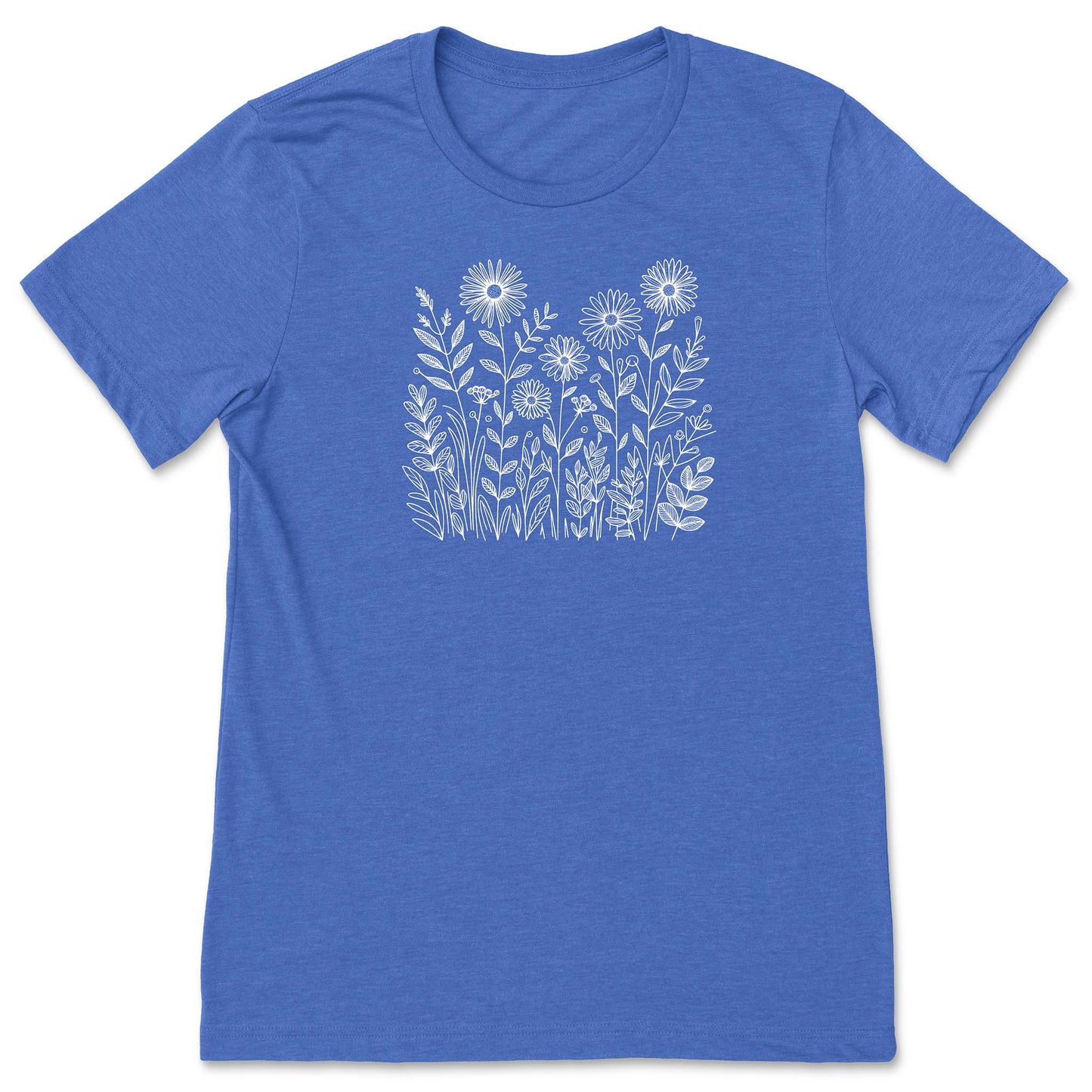 Blue t-shirt with white floral design on a white background