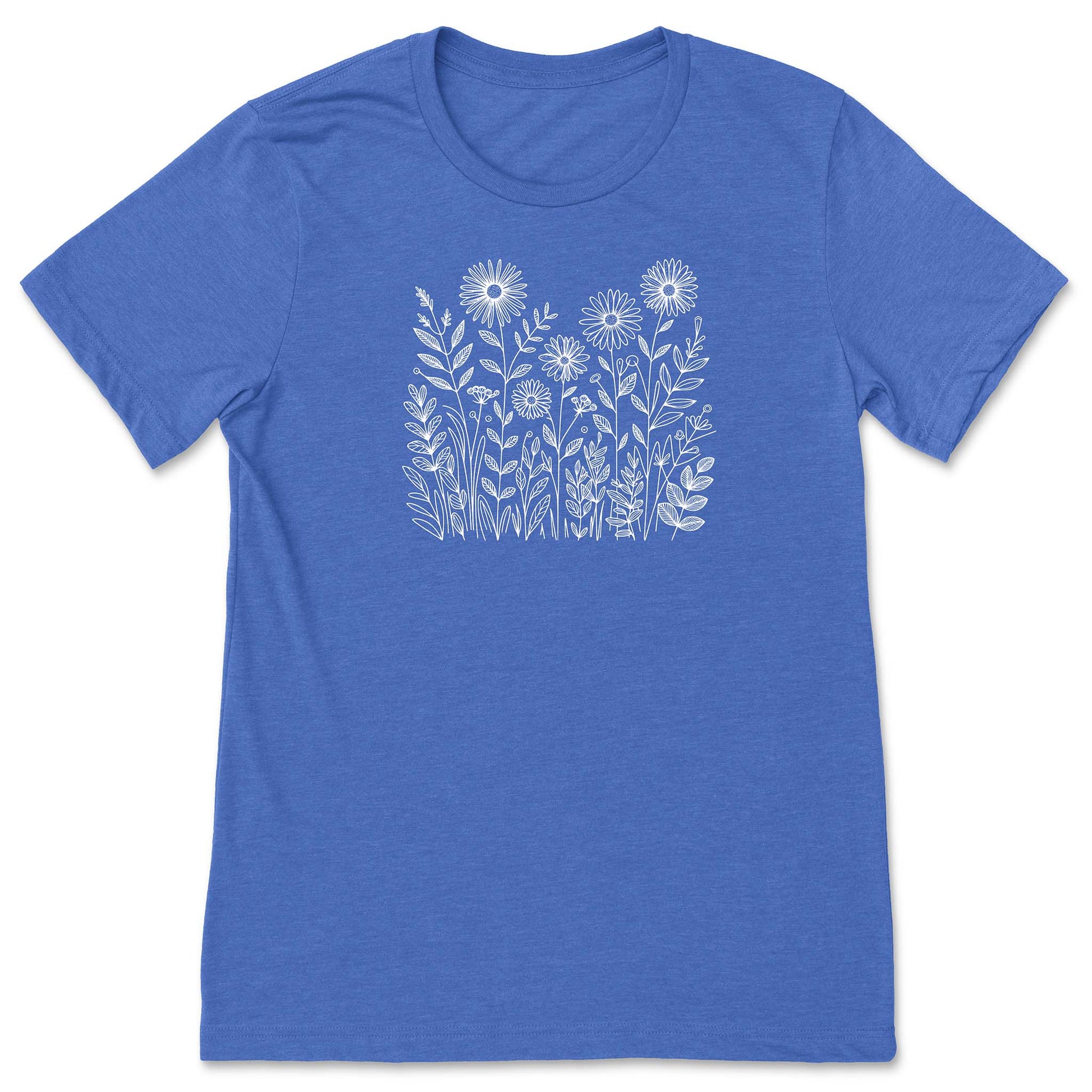 Blue t-shirt with white floral design on a white background
