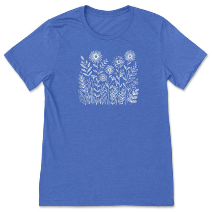Blue t-shirt with white floral design on a white background