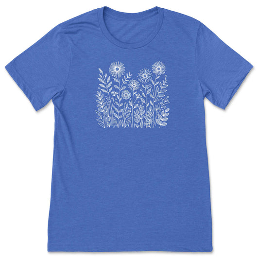 Blue t-shirt with white floral design on a white background