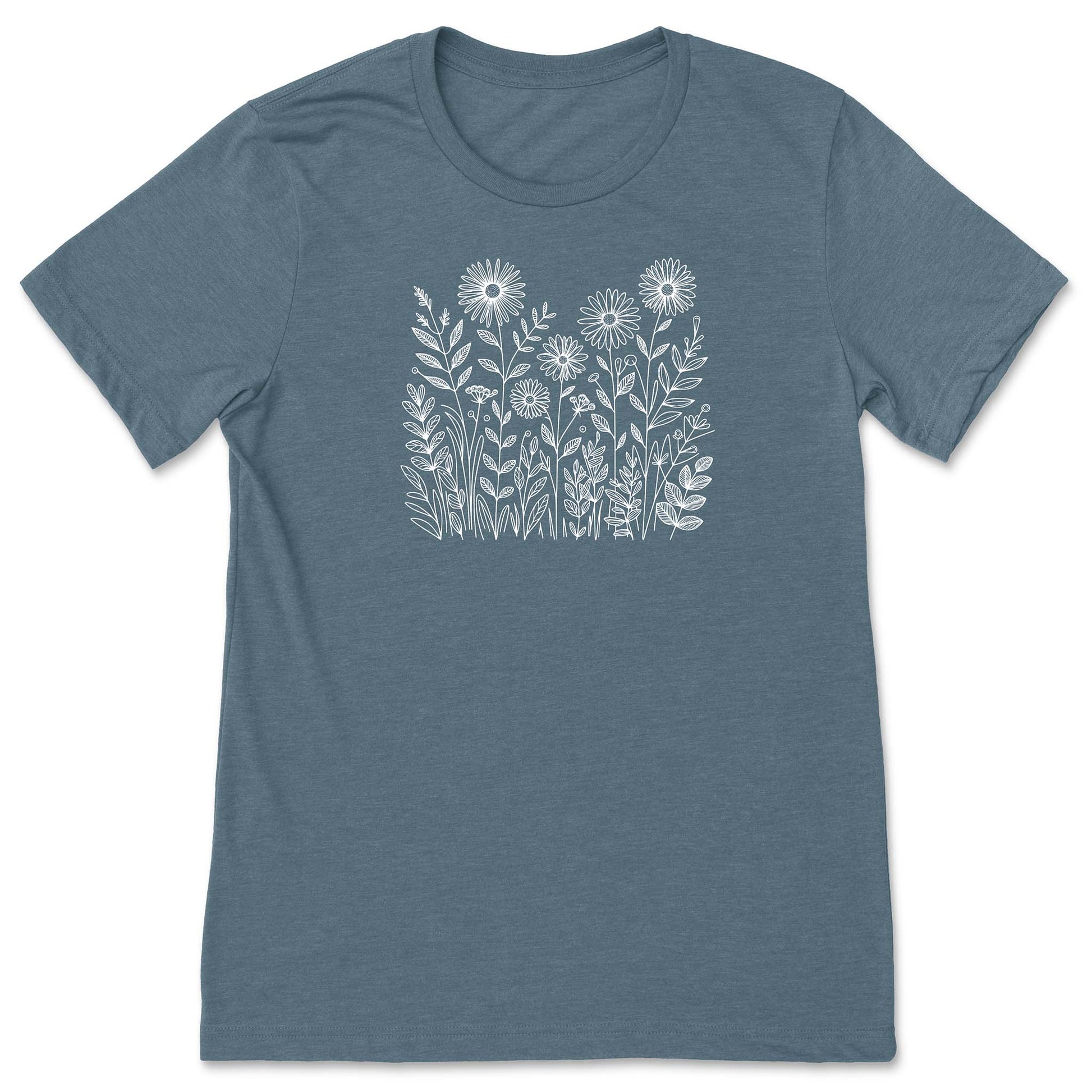 Slate Blue t-shirt with white floral design on a white background