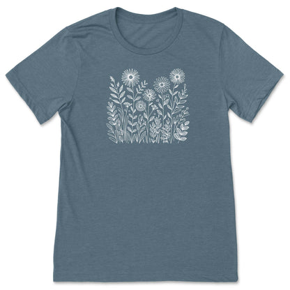 Slate Blue t-shirt with white floral design on a white background