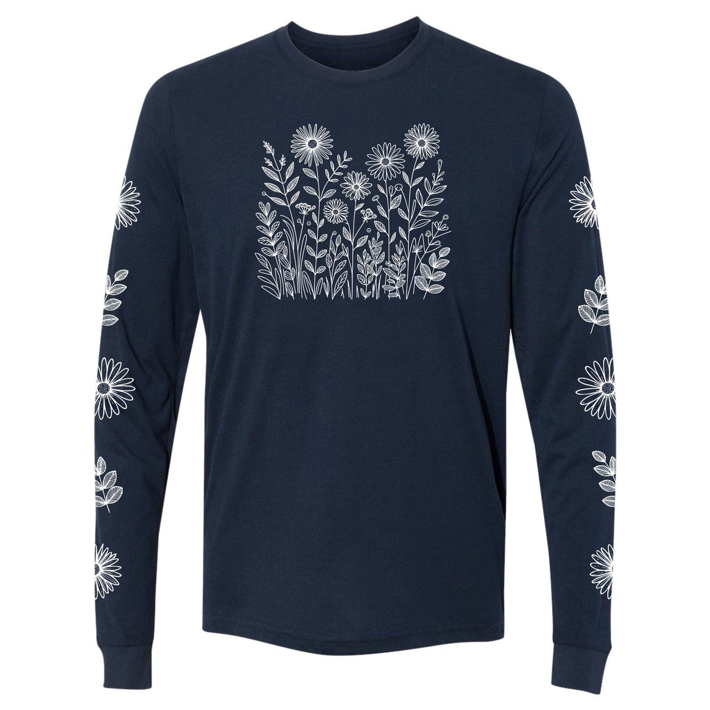 A beautiful navy, long-sleeve flower shirt for gardeners and plant lovers.  It has a  white wildflower design on the front and has flowers down both sleeves! 
