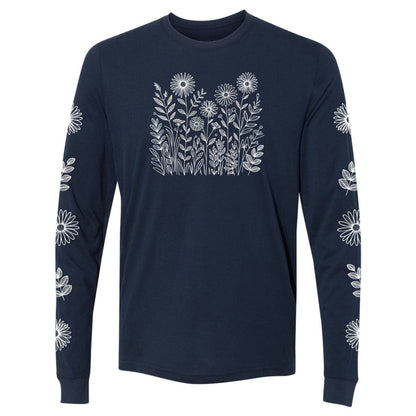A beautiful navy, long-sleeve flower shirt for gardeners and plant lovers.  It has a  white wildflower design on the front and has flowers down both sleeves! 
