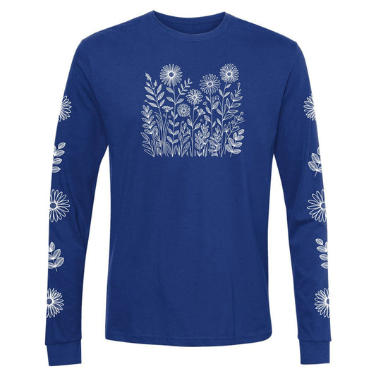 A beautiful blue long-sleeve flower shirt for gardeners and plant lovers.  It has a  white wildflower design on the front and has flowers down both sleeves! 