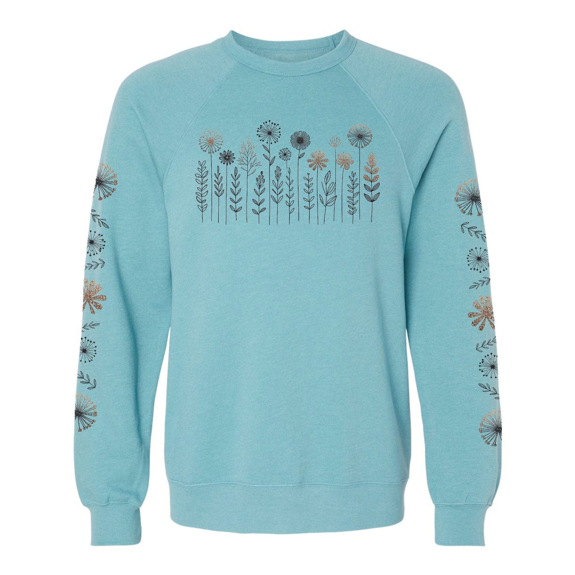 Light blue crewneck sweatshirt with floral pattern on the chest and sleeves, on a white background