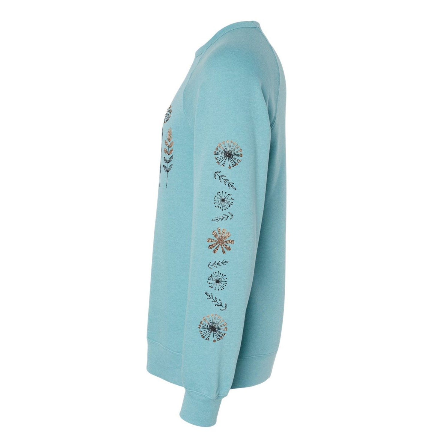 The side view of a light blue crewneck sweatshirt with floral pattern on the sleeves, on a white background