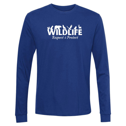 A blue, wildlife advocate long-sleeve shirt for animal lovers that says, Wildlife" and has woodland animals sitting on top of the letters. Has "respect & protect" written underneath. 