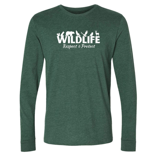 A forest green, wildlife advocate long-sleeve shirt for animal lovers that says, Wildlife" and has woodland animals sitting on top of the letters. Has "respect & protect" written underneath. 