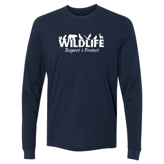 A navy, wildlife advocate long-sleeve shirt for animal lovers that says, Wildlife" and has woodland animals sitting on top of the letters. Has "respect & protect" written underneath. 