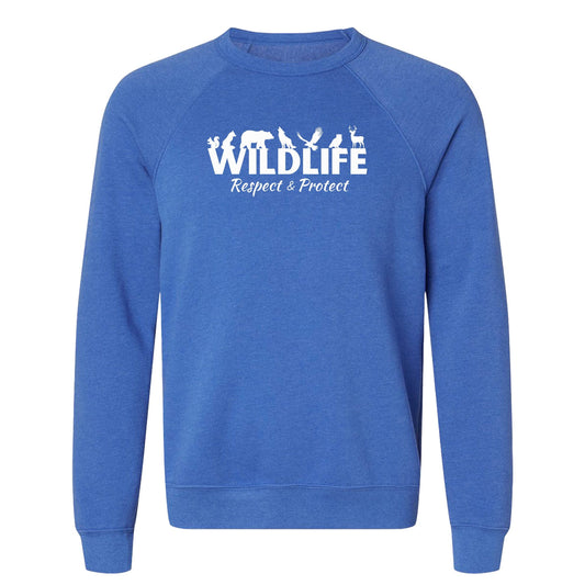 A royal blue, wildlife advocate sweatshirt for nature lovers that says "Wildlife" with animals sitting on the top of the letters, and underneath it says, "Respect & Protect."