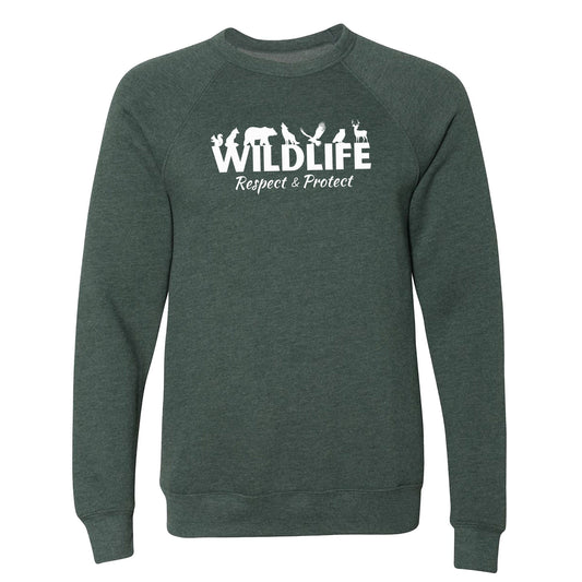 A green, wildlife advocate sweatshirt for nature lovers that says "Wildlife" with animals sitting on the top of the letters, and underneath it says, "Respect & Protect."