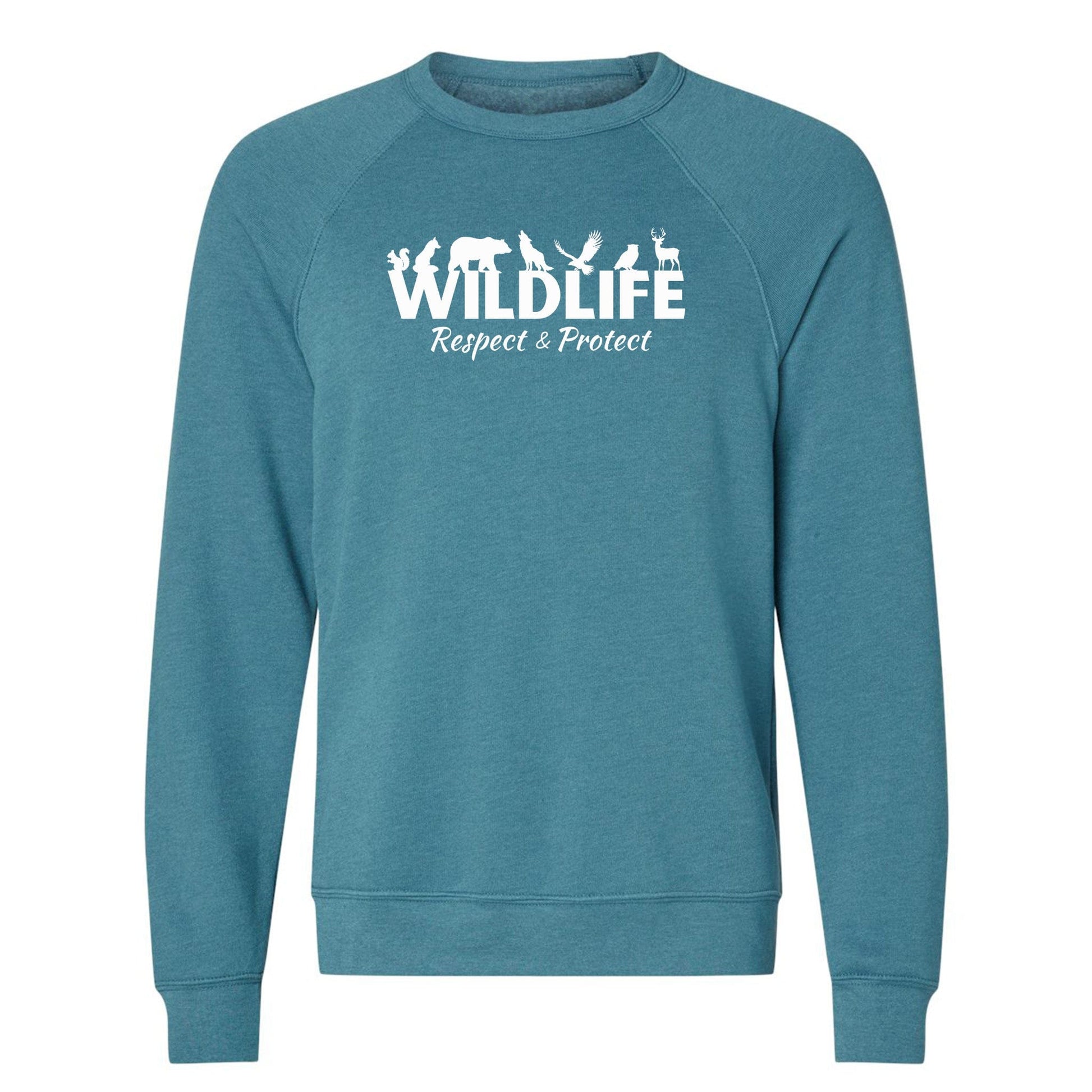 A teal, wildlife advocate sweatshirt for nature lovers that says "Wildlife" with animals sitting on the top of the letters, and underneath it says, "Respect & Protect."