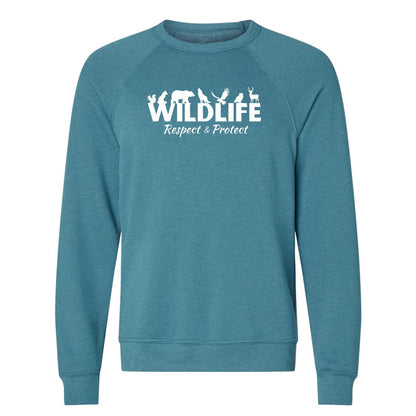 A teal, wildlife advocate sweatshirt for nature lovers that says "Wildlife" with animals sitting on the top of the letters, and underneath it says, "Respect & Protect."